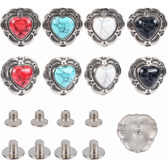 1 Set 8 Sets 4 Colors Alloy Decorative Rivets with Imitation Turquoise & Iron Screws Heart Silver 29x30x9.5mm Hole: 2.5mm 2sets/color