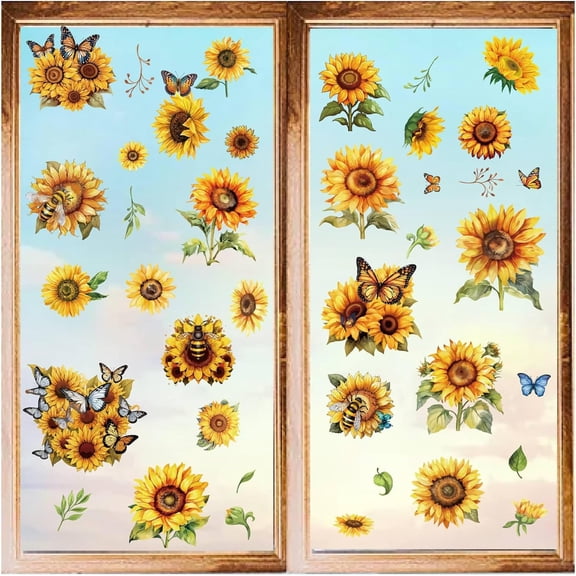 1 Set 8 Sheets Sunflower Window Stickers Flower Leaves Plant Wall Decals Spring PVC Waterproof Self Adhesive Clings Removable for Home Stairway Decoration Bedroom Living Room Kitchen Showcase