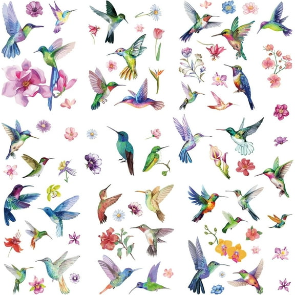 1 Set 8 Styles Hummingbird Wall Stickers Plant Flower Stickers Bird Window Stickers PVC Waterproof Self Adhesive Wall Decals Removable for Window Decor Clings Housewarming Gift Home Decoration