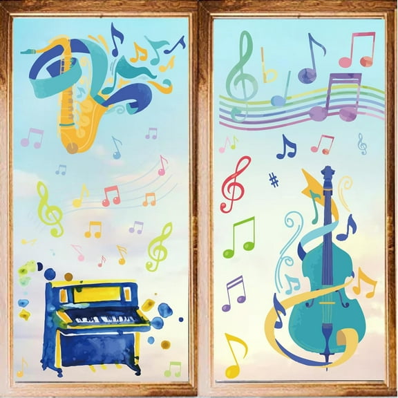 1 Set 8 Styles Music Window Decals Stickers Instruments Musical Note Wall Clings Colourful Peel and Stick Vinyl PVC Waterproof Self Adhesive Decor for Bedroom Nursery Living Room Store Dorm