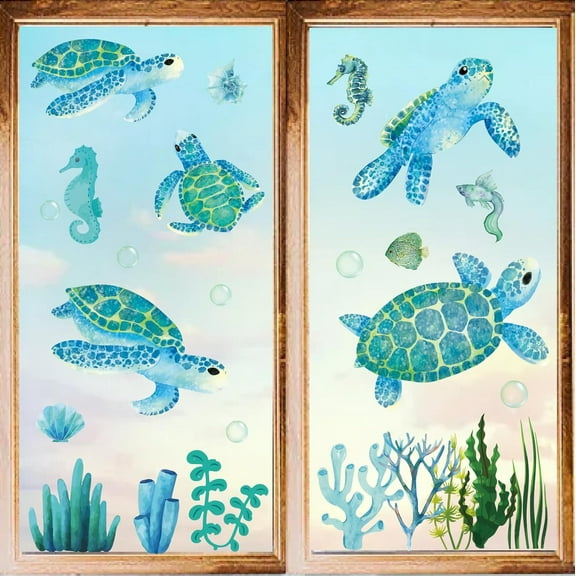 1 Set 8 Styles Turtle Wall Stickers Blue Ocean Coral Window Stickers Decals PVC Waterproof Self Adhesive Wall Cling Peel and Stick for Home Decoration Bedroom Living Room Kitchen Showcase