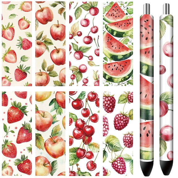 1 Set 80Pcs 8 Style Self-Adhesive Coated Paper Pen Stickers Waterproof Pen Wraps Transfer Decals Fruit 120x40mm 10Pcs/style