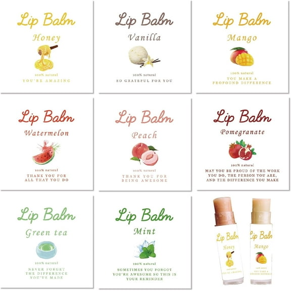 1 Set 80Pcs 8 Styles Labels for Lip Balm Coated Paper Paster Honey Fruit Square Tubes Lip Balm Labels Stickers Natural Homemade Self-Adhesive Stickers Logo for Containers Cosmetics Lipsticks Fruit