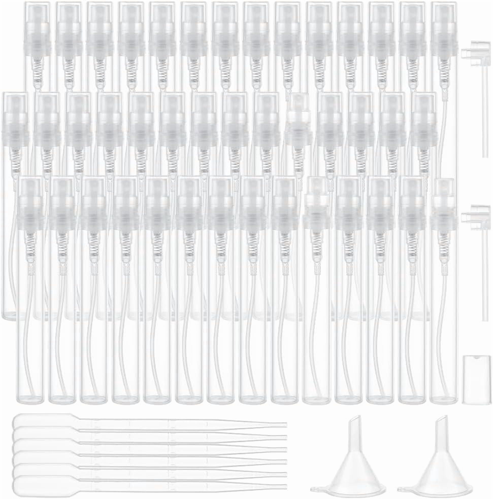 1 Set 80pcs 5ml/0.17 oz Mini Plastic Clear Spray Bottles Portable Frosted Perfume Bottles with 6pcs 2ml Pipettes 2pcs Funnels and 2pcs Plastic Pump for Travel Perfume and Essential Oil