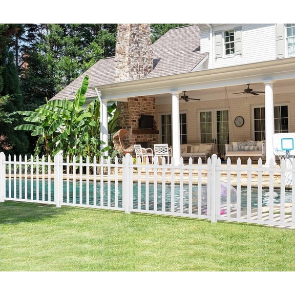 1 Set 84"W x 36"H Vinyl Picket Fence Panels with Ground Spike Decorative PVC Barrier Fencing for Porch Patio Front Door Yard Garden Pool with 20 Pickets (Straight)