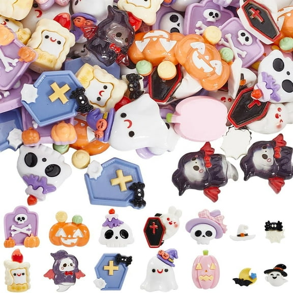 1 Set 84Pcs 16 Styles Halloween Opaque Resin Decoden Cabochons Mixed Shapes 11~28x11.5~25x5.5~10.5mm 6pcs/style
