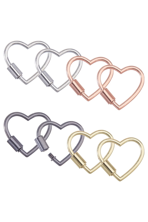 1 Set 8Pcs 4 Colors Zinc Alloy Screw Carabiner Lock Charms Heart Mixed Color 28.5x30x2.5mm 2pcs/color