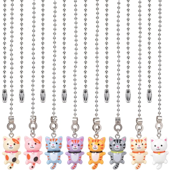 1 Set 8Pcs 8 Colors Cat Resin Charms Ceiling Fan Pull Chain Extenders with Iron Ball Chain Mixed Color 343mm 1pc/color