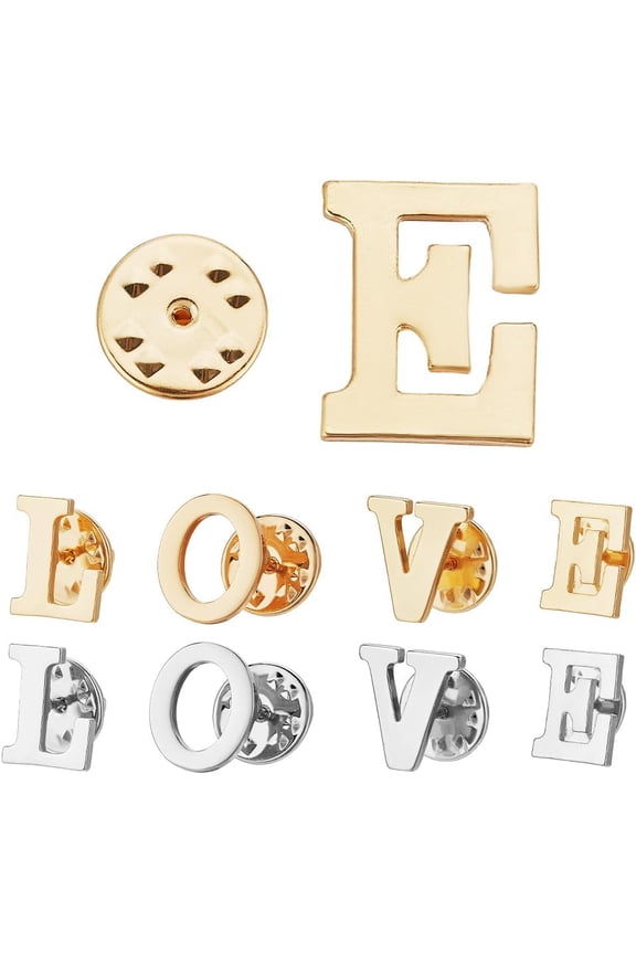 1 Set 8Pcs 8 Styles Alloy Brooches Letter Mixed Shapes 14x12mm 1pc/style