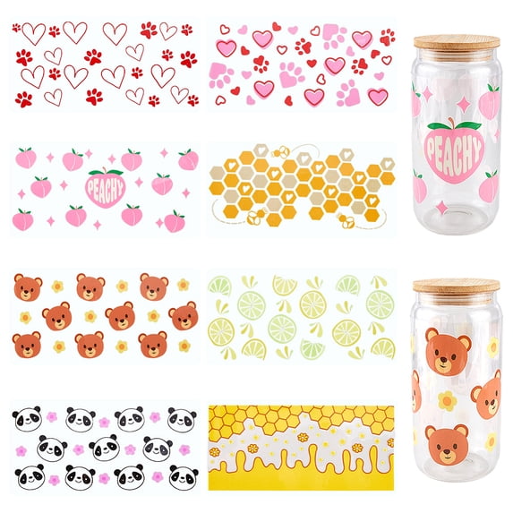 1 Set 8Pcs 8 Styles UV Plastic Cup Wrap Transfer Stickers for Glass Mixed Shapes 247x120x0.3mm 8pcs/set