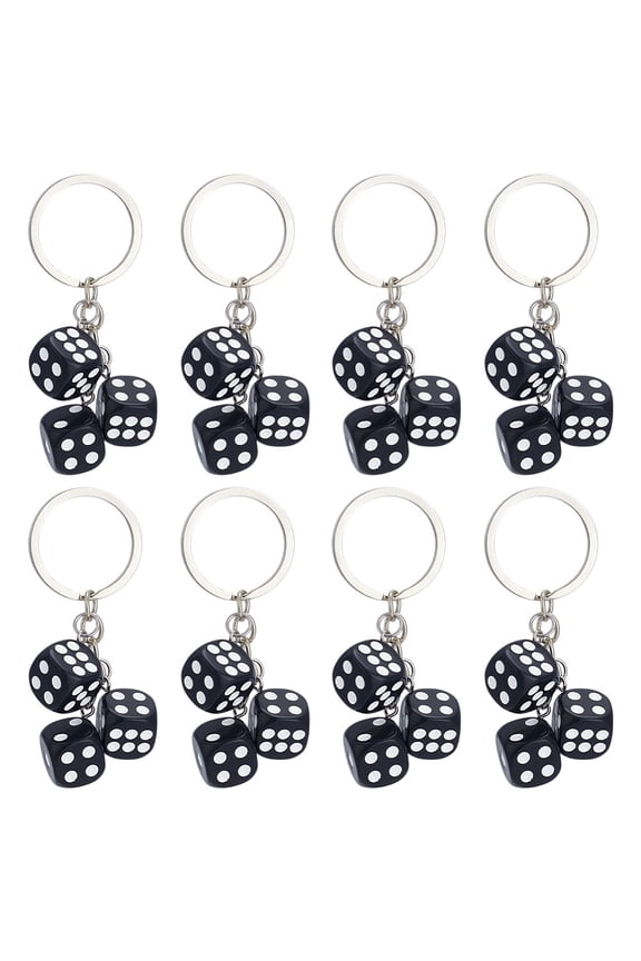 1 Set 8Pcs Dice Resin Keychains with Stainless Steel Key Rings Platinum Black 70.5mm