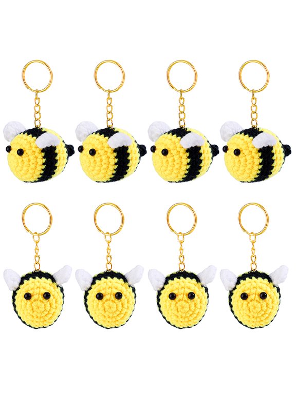 1 Set 8Pcs Handmade Yarn Costume Keychain with Iron Rings Bees Yellow 95mm