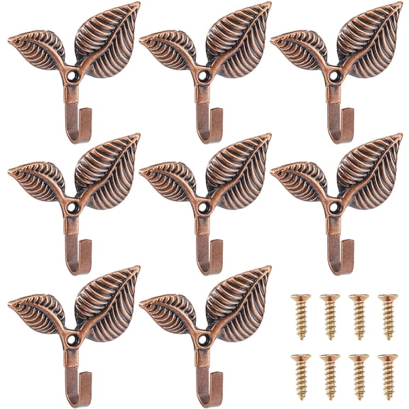 1 Set 8Pcs Iron Leaf Curtain Hook Wall Hook Red Copper 75x72x22mm