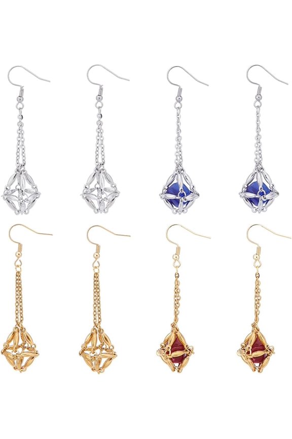 1 Set 8pcs 2 Colors Crystal Holder Adjustable Earring Cage Pearl Beads Stone Holder Earring Cage Empty Net Earring Settings with Hooks for Jewelry Making DIY Crafts Golden & Silver 2.7 inch