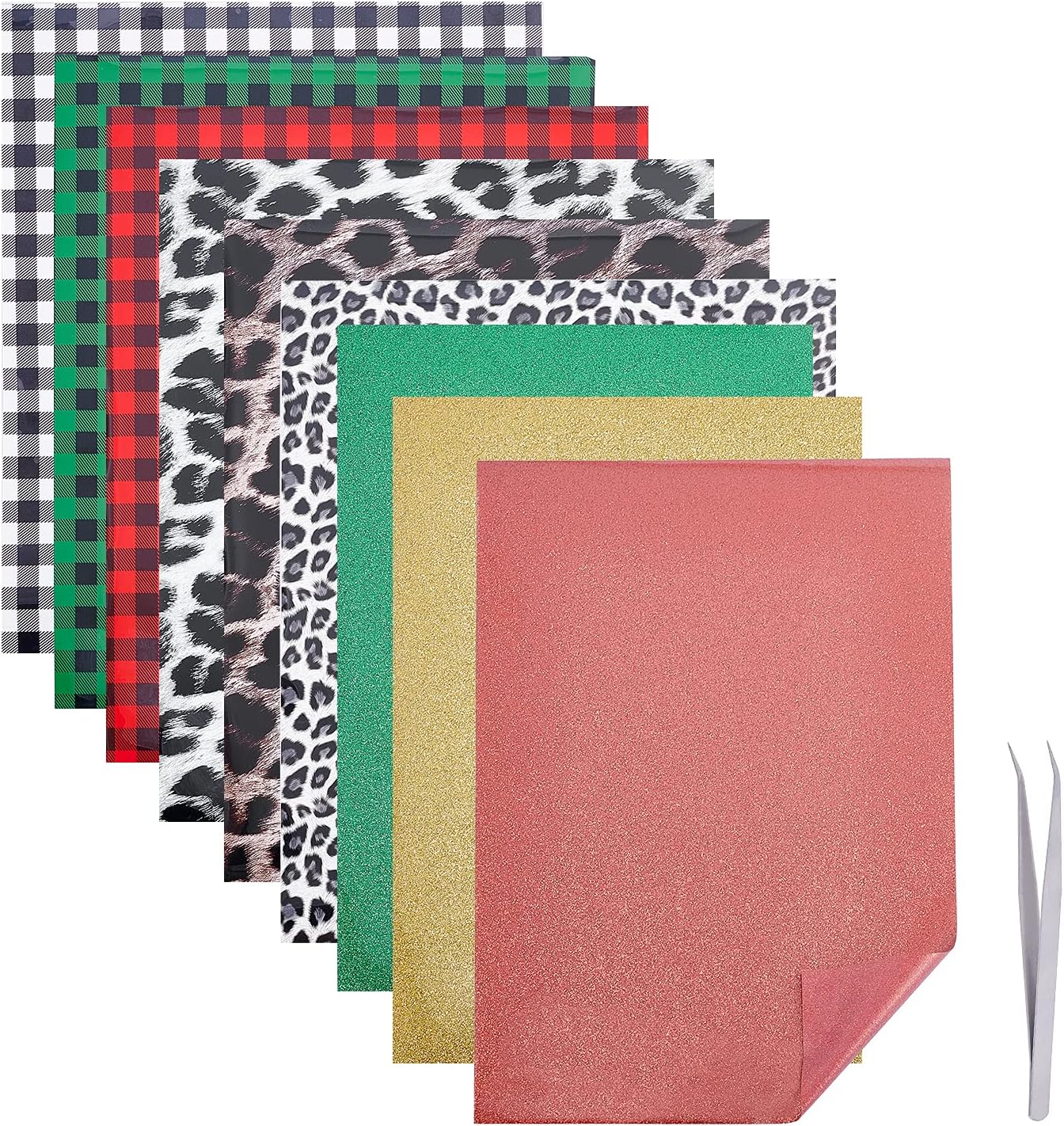 1 Set 9 Sheets Heat Transfer Vinyl 3 Styles HTV Iron-on Vinyl Patches Glitter Heat Transfer Press Vinyl Sheets with Tweezers for T-Shirts Gifts Garment Fabric