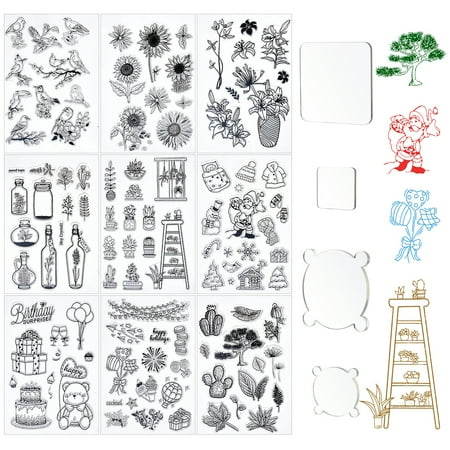 1 Set 9 Style PVC Plastic Stamps for DIY Scrapbooking oto Album Decorative Cards Making Stamp Sheets with Acrylic Stamping Blocks Tools Mixed Patterns 16x11x0.3cm 1sheet/style 9sheets/set