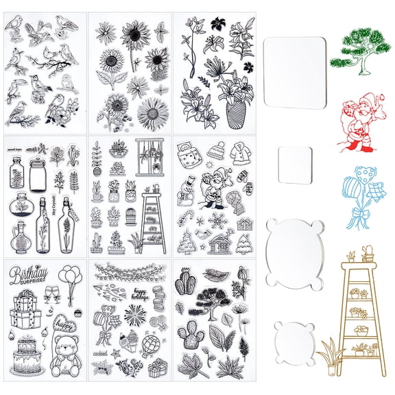 1 Set 9 Style PVC Plastic Stamps for DIY Scrapbooking oto Album Decorative Cards Making Stamp Sheets with Acrylic Stamping Blocks Tools Mixed Patterns 16x11x0.3cm 1sheet/style 9sheets/set