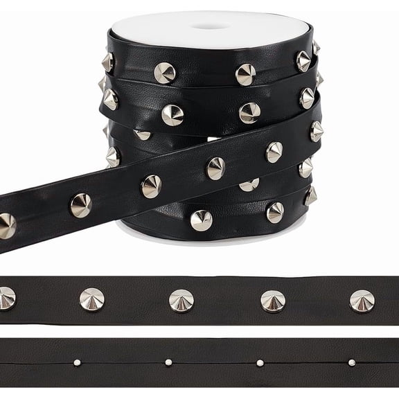1 Set 9 Yards(8.2m) PU Leathers Lace with Rivet 0.8inch Wide Black Studded Beading String Gothic Leathers Trim with Brass Cone Stud Punk Style Rope with Spool for DIY Sewing Crafting