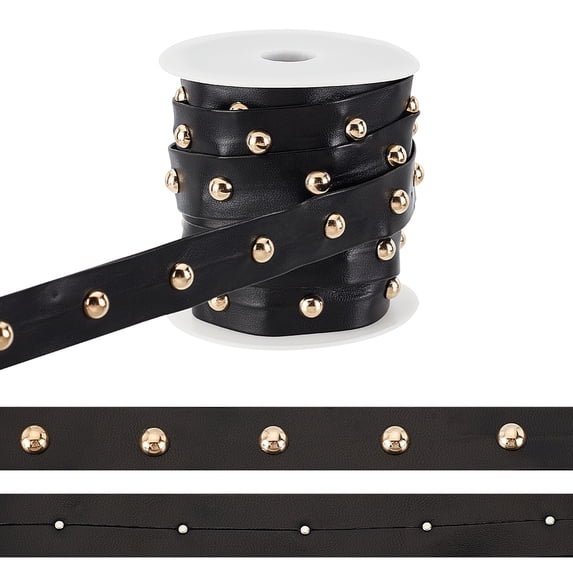 1 Set 9 Yards(8.2m) PU Leathers Lace with Rivet 0.8inch Wide Black Studded Beading String Gothic Leathers Trim with Brass Round Stud Punk Suede Cord Rope with Spool for DIY Sewing Crafting