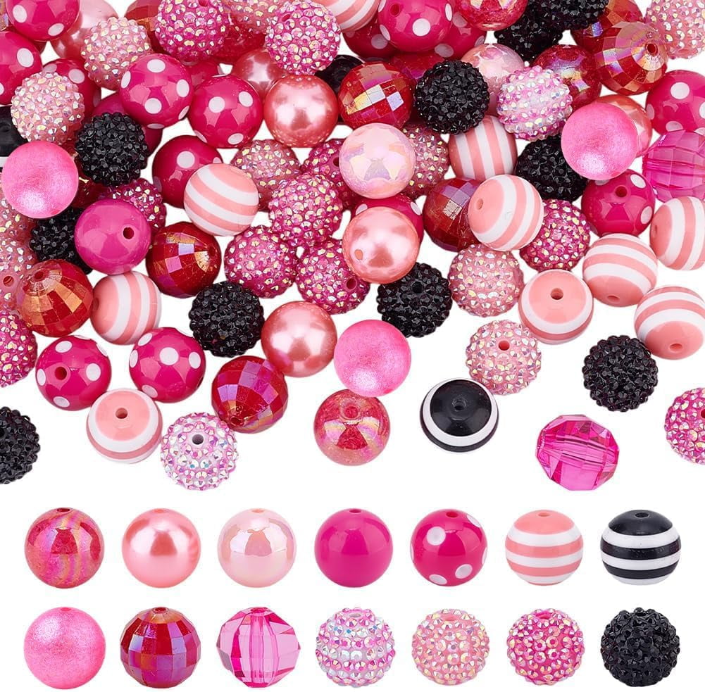 1 Set About 91 Pcs 14 Styles Pink Series Bubblegum Beads Kits 20mm Acrylic Round Chunk Beads Plastic Rhinestone Large Beads Imitation Pearl Beads for Pen Valentine Jewelry Making