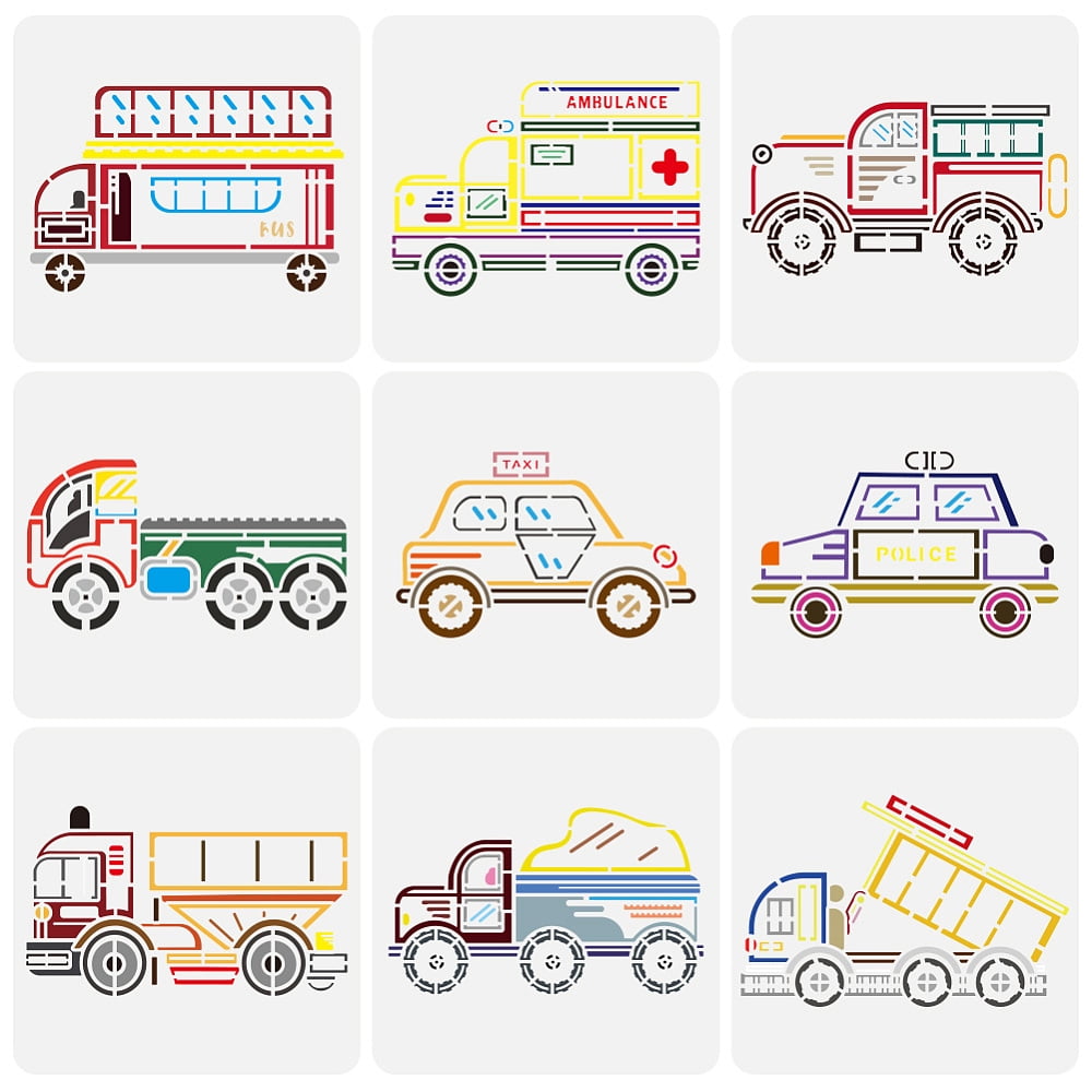 1 Set 9PCS Construction Vehicle Stencils 7.9x7.9inch Reusable Transport ...
