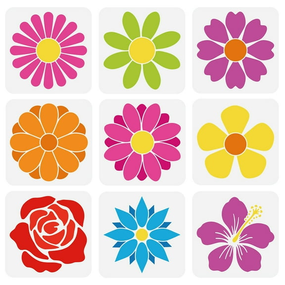1 Set 9PCS Flowers Stencils for Painting 7.9x7.9inch Large Flowers Petals Drawing Templates Plastic PET Rose Daisy Flowers Painting Stencils Plant Theme Templates for Painting on Wood Fabric