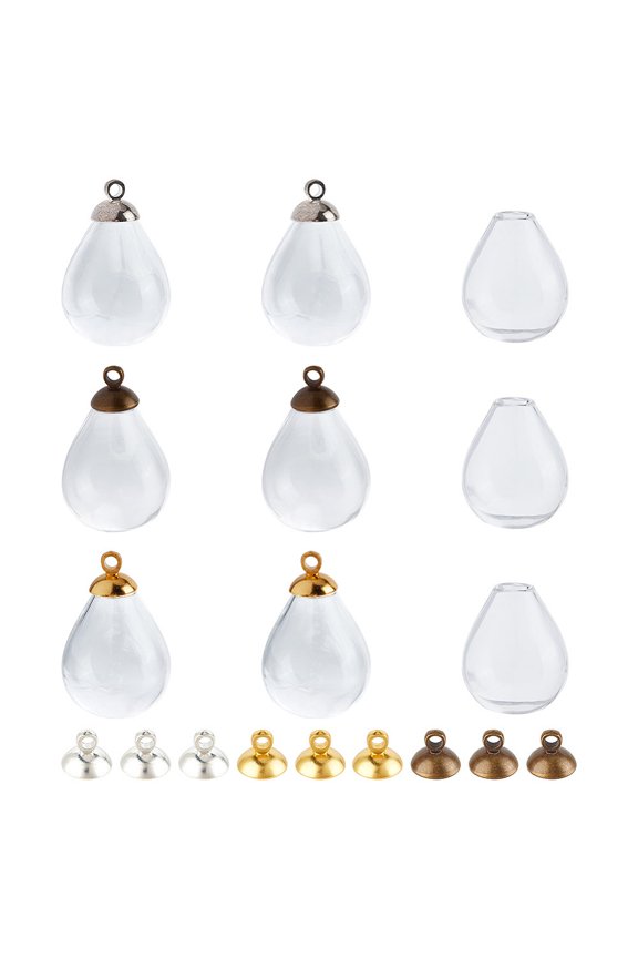 1 Set 9Pcs 3 Styles Alloy Bead Cap Pendant Bails 9Pcs Glass Micro Beads Containers for Globe Glass Cover Pendant Making Mixed Color