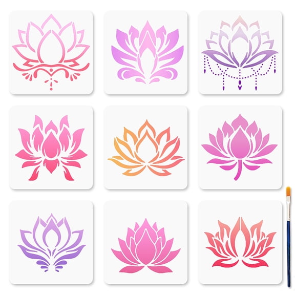 1 Set 9Pcs 9 Styles PET Hollow Out Drawing Painting Stencils for DIY Scrapbook oto Album July Lotus 150x150mm 1pc/style