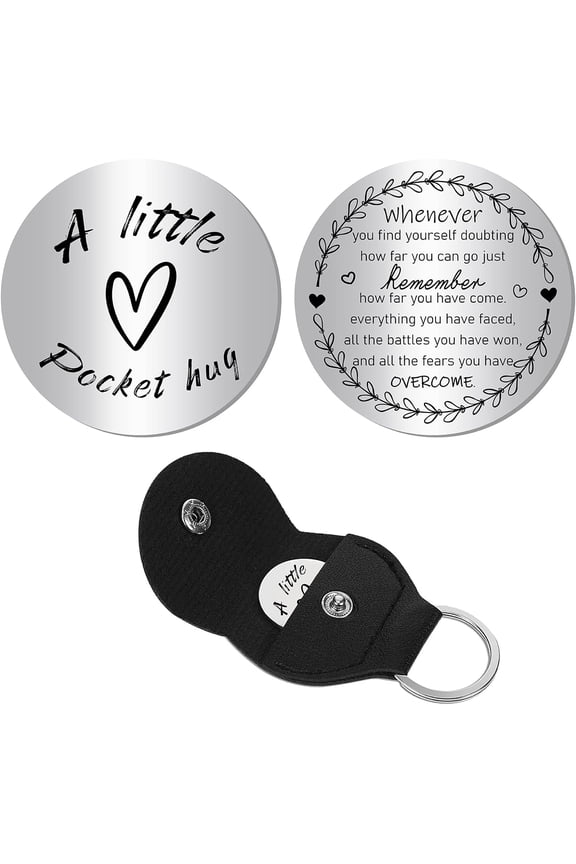 1 Set A Little Pocket Hug Token Heart Long Distance Relationship Keepsake Keychain Stainless Steel Double Sided with PU Leather Keychain Gift