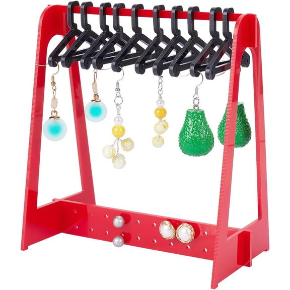 1 Set Acrylic Earring Display Stands Clothes Hanger Shaped Earring Organizer Holder with 10Pcs Black Hangers Red Finish Product: 15x8x16cm