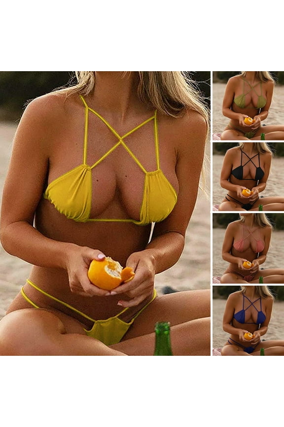 1 Set Adjustable Spaghetti Straps Padded Cross Rope Sexy Bikini Micro Triangle Bra Lace-up Panties Set Beachwear