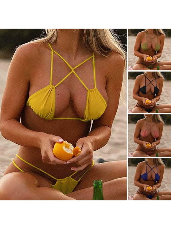 1 Set Adjustable Spaghetti Straps Padded Cross Rope Sexy Bikini Micro Triangle Bra Lace-up Panties Set Beachwear