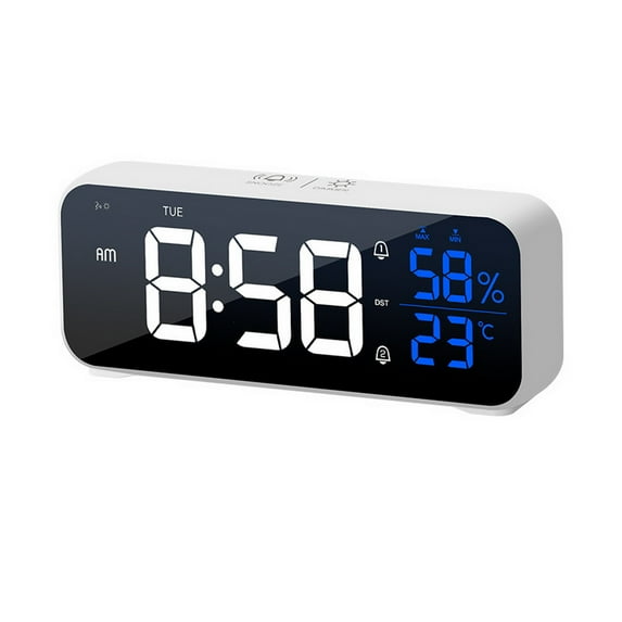 1 Set Alarm Clock 5 Gears Volume/Brightness Voice Control Snooze Glow-in-the-dark 1200mAh Temperature Humidity LED Clock for Home