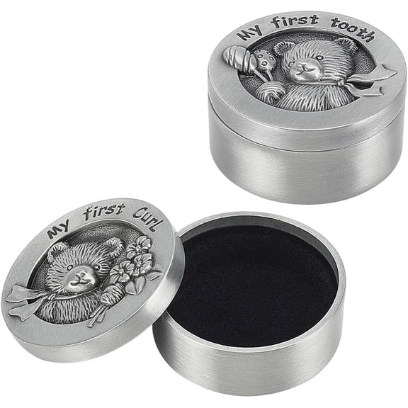 1 Set Alloy Baby First Curl Keepsake Organizer Storage Box Baby Girl First Lost Deciduous Teeth Collection Silver 3.95x2.1~2.15cm 2pcs/set