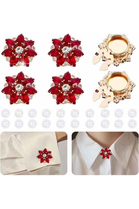 1 Set Alloy Cufflinks & 4-Hole Plastic Buttons with Alloy Rhinestone Golden Flower & Flat Round Ruby 27mm & 11x2mm 26pcs/set