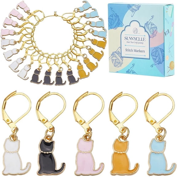 1 Set Alloy Enamel Cat Pendant Locking Stitch Markers with Brass Leverback Earring Findings Mixed Color 3.3cm 20pcs/set