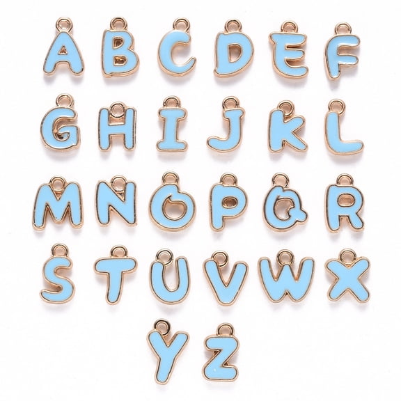 1 Set Alloy Enamel Charms Enamelled Sequins Light Gold Alphabet Shape Letter A-Z Light Sky Blue 11x6.5x2mm Hole: 1.5mm 26pcs/set