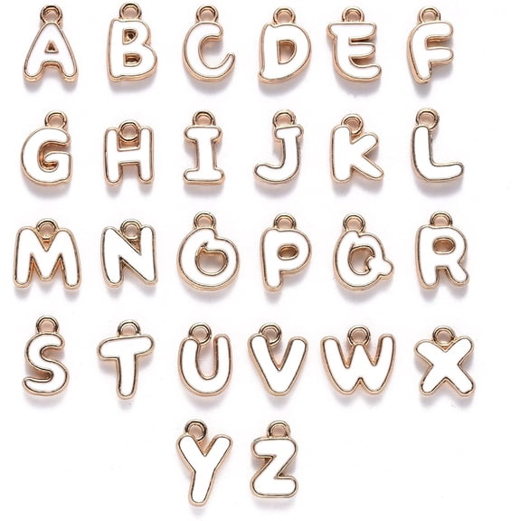 1 Set Alloy Enamel Charms Enamelled Sequins Light Gold Alphabet Shape Letter A-Z White 11x6.5x2mm Hole: 1.5mm 26pcs/set DIY Making