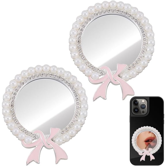 1 Set Alloy Glass Rhinestones Makeup Mirror for Phone Cases Phone Stick on Portable Phone Mirror with Acrylic Double-sided Tape Flat Round for DIY