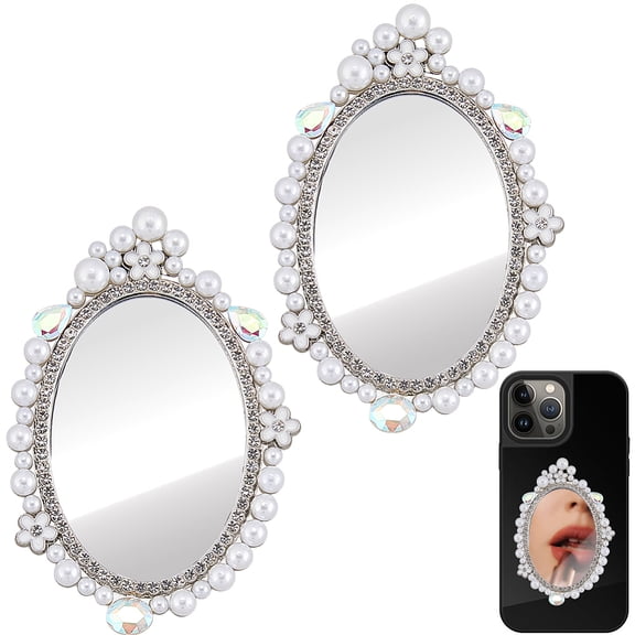 1 Set Alloy & Glass & Rhinestones Makeup Mirror for Phone Cases Phone with Acrylic Double-sided Tape Oval Platinum 9.5x6.4cm 2pcs
