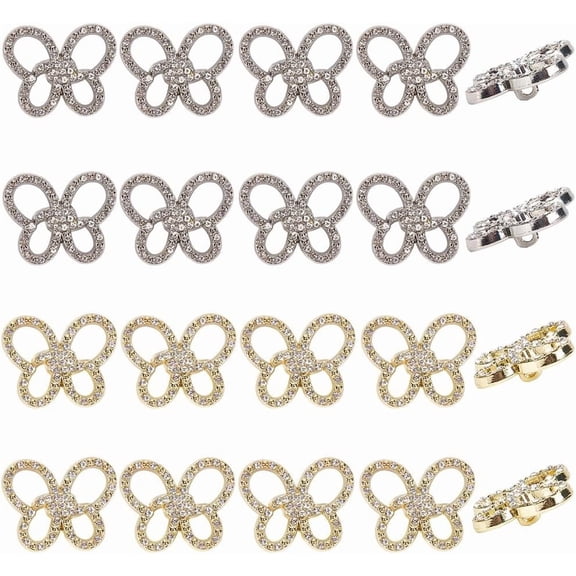 1 Set Alloy Rhinestone Shank Buttons Platinum & Light Gold Butterfly 20.5x25x7.5mm Hole: 1.8mm 20pcs/style