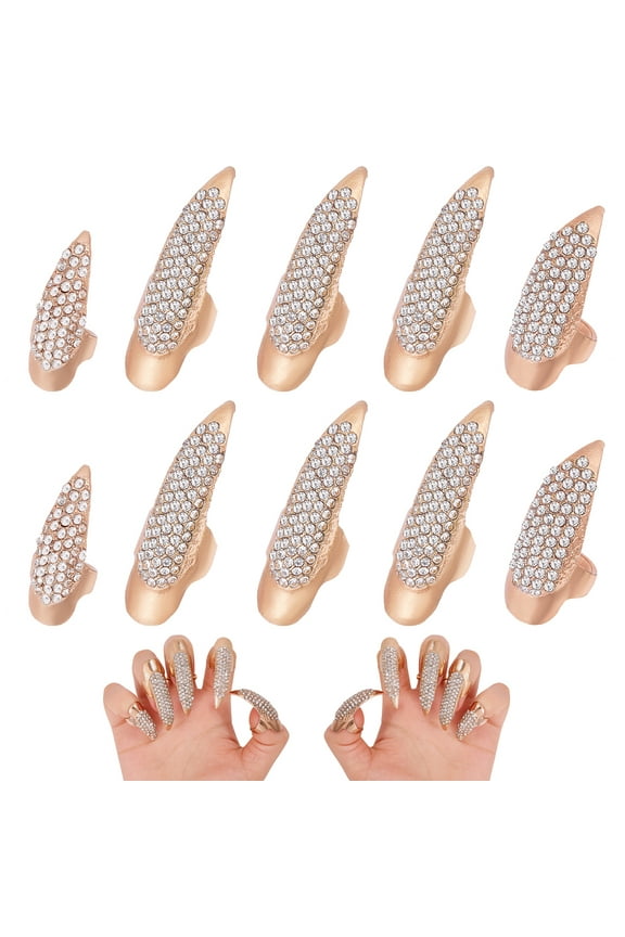 1 Set Alloy Rhinestone Women Finger Nail Rings Nail Cover Ring Nail Art Charm Finger Decoration Light Gold 34~48mm Inner Diameter: 11.5~16.5mm 10pcs/set
