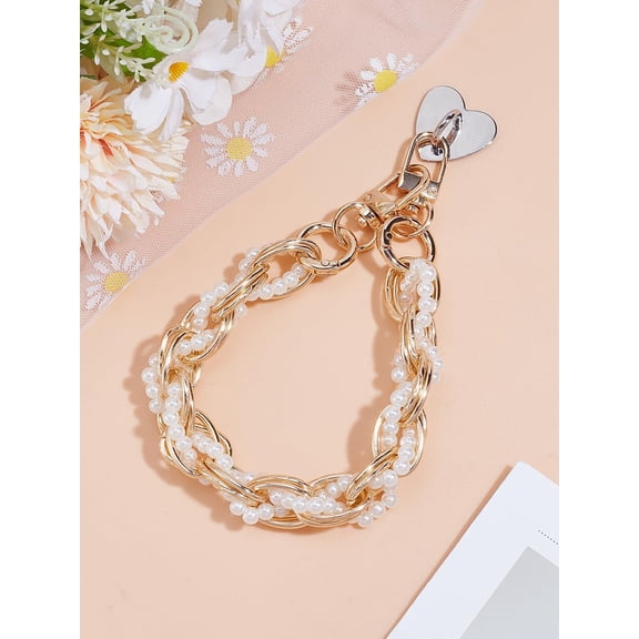 1 Set Aluminum Link Chains for Phone Case Decoration with Plastic Imitation Pearl and Zinc Alloy Cell Phone Heart Holder Stand Golden 290x15mm