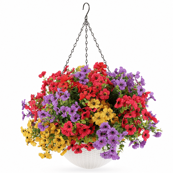 Kidsjoy Artificial Flowers for Outdoors with Hanging Basket 1 Pack, 1 Hanging Planters with 12 Pcs Flowers for Spring Summer Front Porch Garden Patio Home Decor, 4 Color