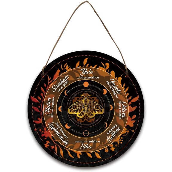 1 Set Artsy Woodsy Wheel of the Year Wood Calendar Hanging Wall Decorations with Jute Twine Flat Round with Word Butterfly Farm 300x5mm