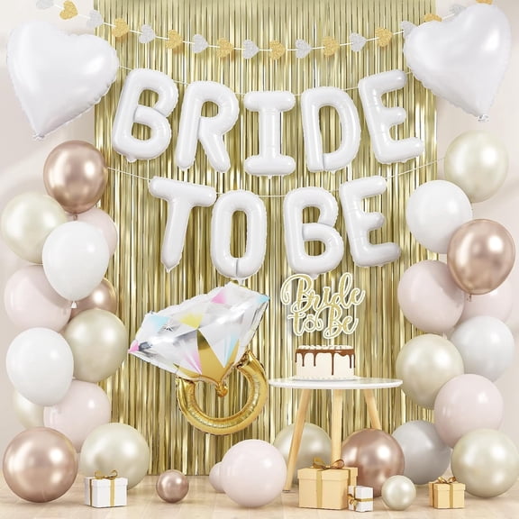 1 Set Bachelorette Party Decorations with Bride to Be Balloons, White Heart and Gold Ring Foil Latex and 2 Fringe Curtains