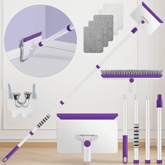 1 Set Baseboard Cleaner Mop with 60-Inch Extendable Handle, 5 Reusable Microfiber Chenille Pads for Floor Ceiling Cleaning