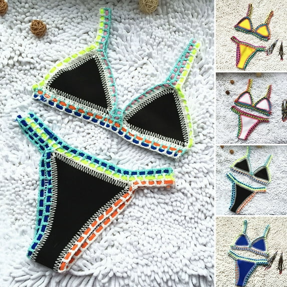 1 Set Bathing Suit Bright Color Patchwork Handmade Crochet Women Swimsuit for Beach