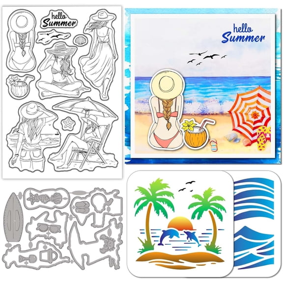 1 Set Beach Woman Theme PET Hollow Out Drawing Painting Stencils for DIY Scrapbook Photo Album Mixed Shapes 150~160x103~150mm
