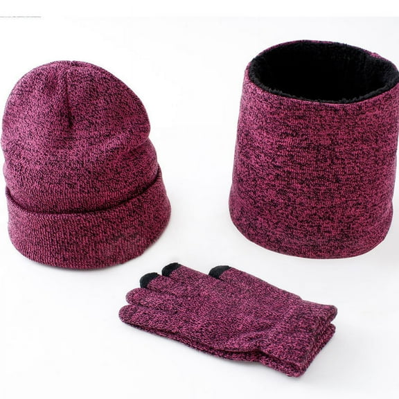 1 Set Beanie Hats Fleece Neck Warmer Set Thick Fleece Lined Touch Screen Gloves Winter Hats Men Women